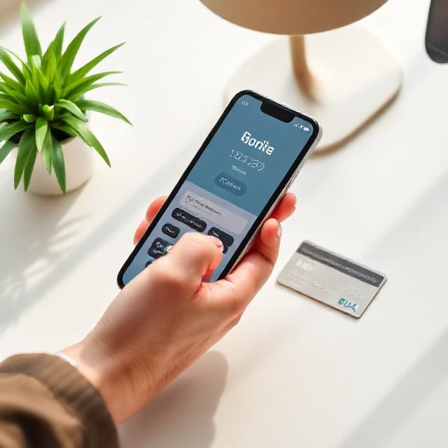 hand holding a phone with a banking app open next to a metal credit card on a clean desk, natural light, soft corporate style, photorealistic