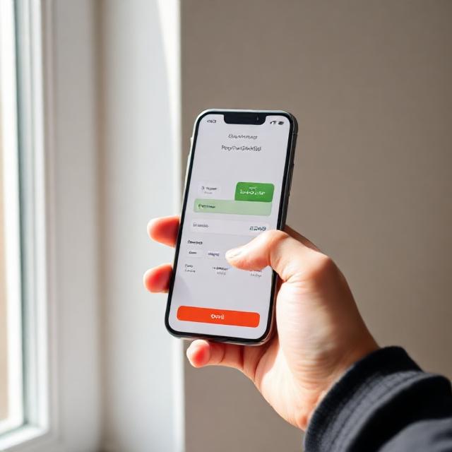 hand holding a smartphone with a banking app screen visible, minimal background, natural light, photorealistic